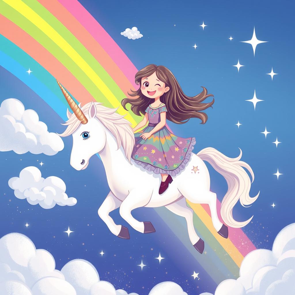 A whimsical illustration of a 5-year-old girl named Sanya joyfully flying through the sky on a majestic unicorn