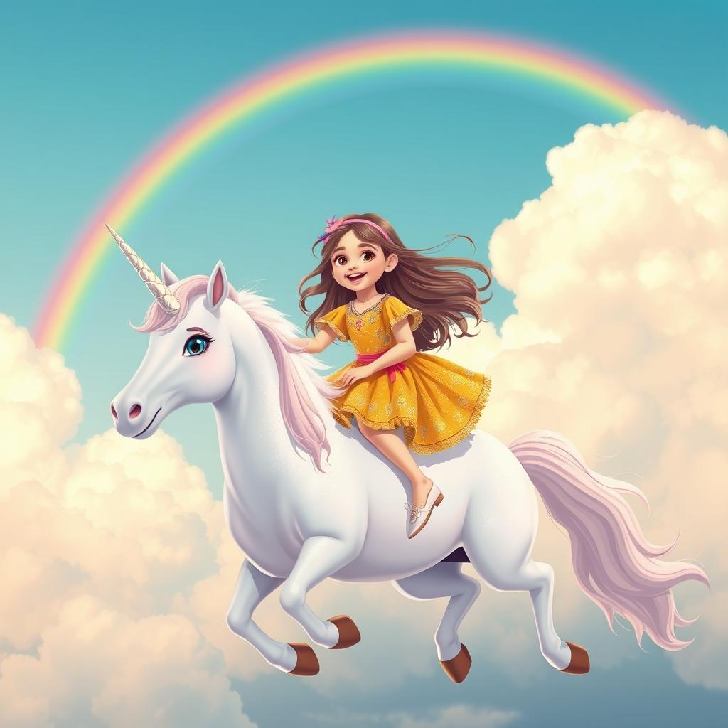 A delightful scene featuring a 5-year-old girl named Sanya soaring through the sky on a beautiful unicorn