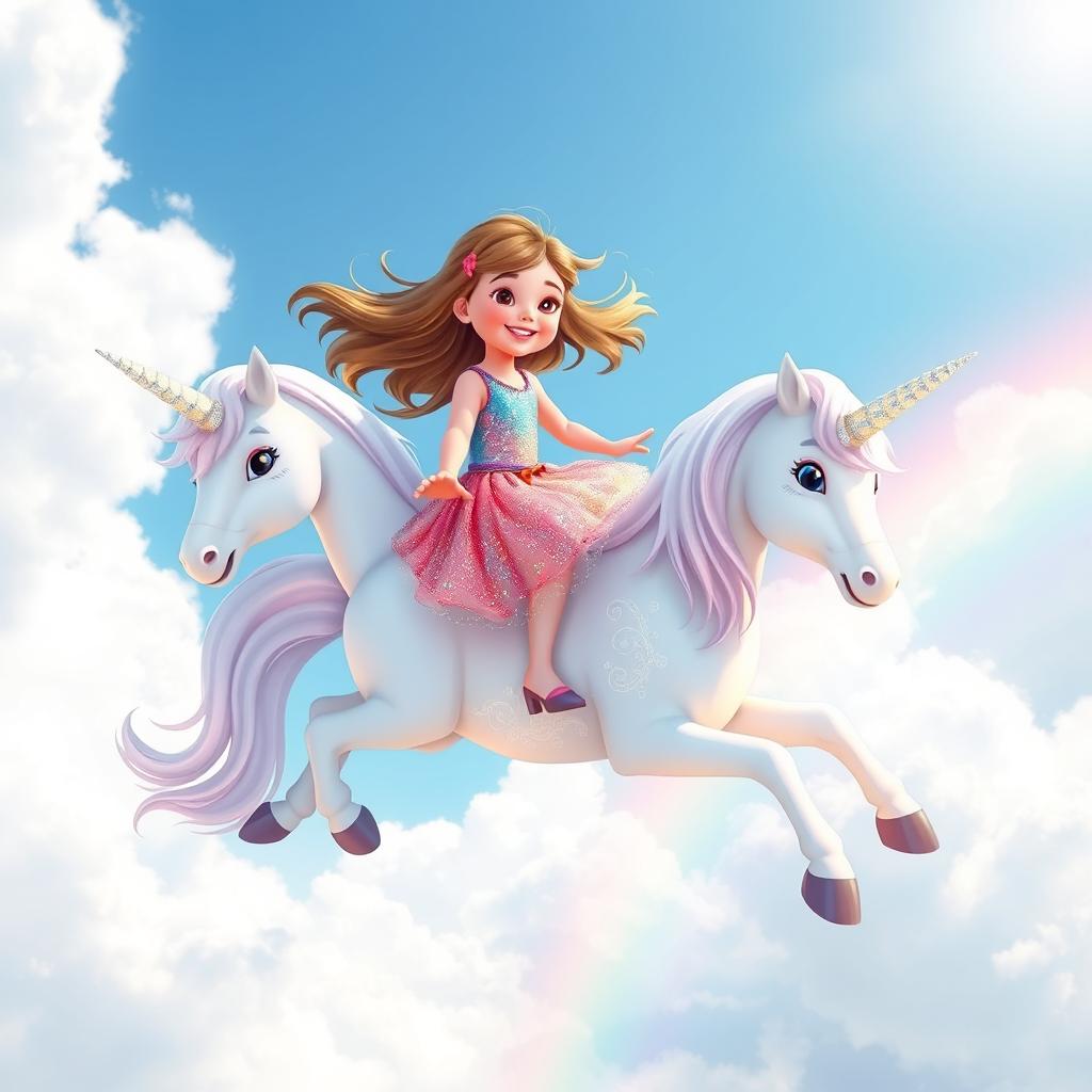 A charming scene featuring a 5-year-old girl named Sanya playfully flying through the air on a magical unicorn