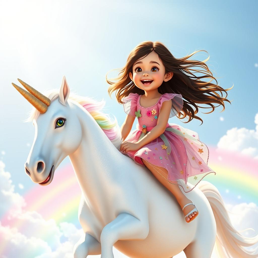 A joyful scene depicting a 5-year-old girl named Sanya soaring through a bright, sunny sky on a magical unicorn