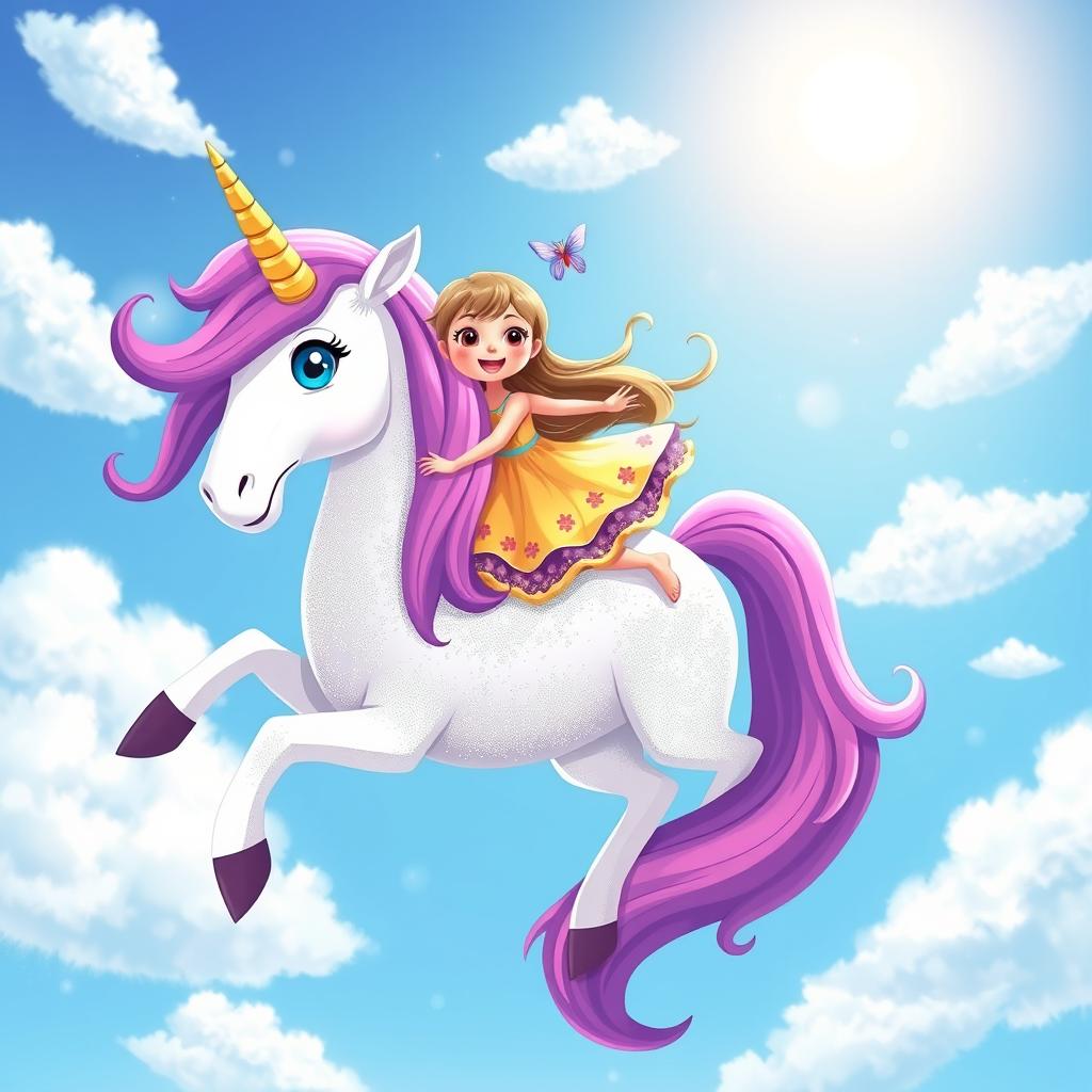 A whimsical illustration of a 5-year-old girl named Sanya floating joyfully in the air on a majestic unicorn