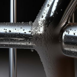 A photorealistic, high-definition image illustrating a detailed scene of a leaking pipe in a contemporary bathroom, water droplets clearly visible against the chrome pipe surface.