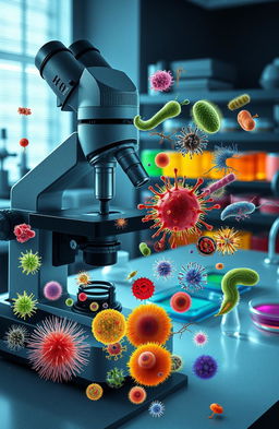 A visually stunning and detailed representation of various microbiological organisms under a microscope