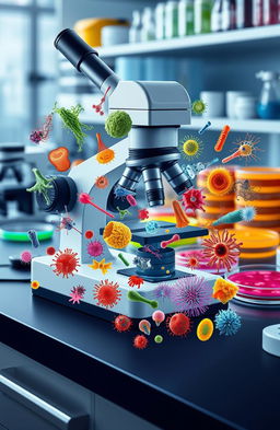 A visually stunning and detailed representation of various microbiological organisms under a microscope