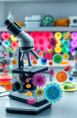 A visually stunning and detailed representation of various microbiological organisms under a microscope