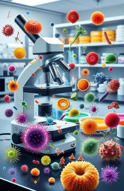A visually stunning and detailed representation of various microbiological organisms under a microscope