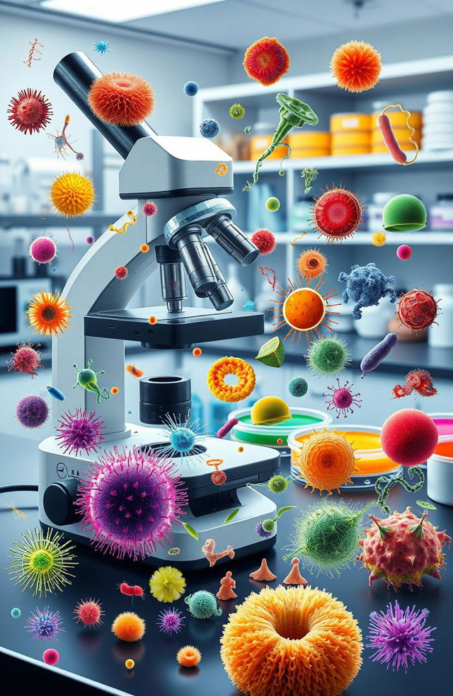 A visually stunning and detailed representation of various microbiological organisms under a microscope