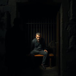 A dark, eerie prison cell with stone walls and barred windows