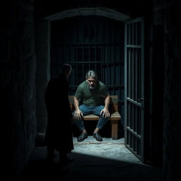 A dark, eerie prison cell with stone walls and barred windows
