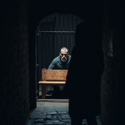 A dark, eerie prison cell with stone walls and barred windows