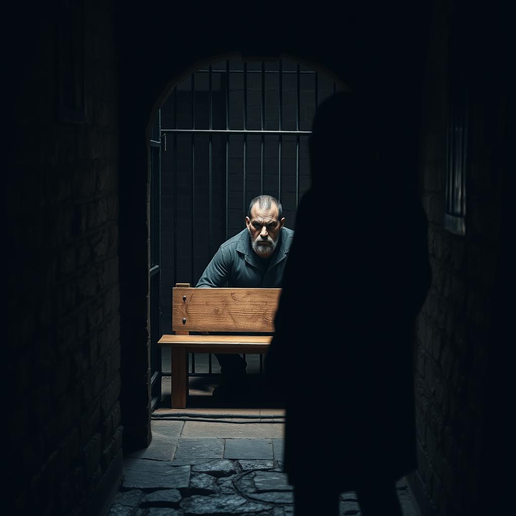 A dark, eerie prison cell with stone walls and barred windows