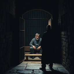 A dark, eerie prison cell with stone walls and barred windows