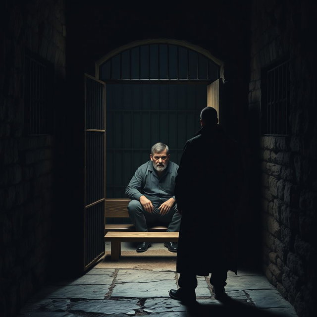 A dark, eerie prison cell with stone walls and barred windows