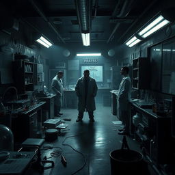 A dark and eerie laboratory setting, filled with ominous equipment and scientific apparatus that hint at nefarious activities