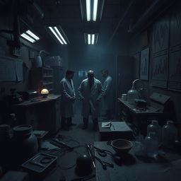 A dark and eerie laboratory setting, filled with ominous equipment and scientific apparatus that hint at nefarious activities