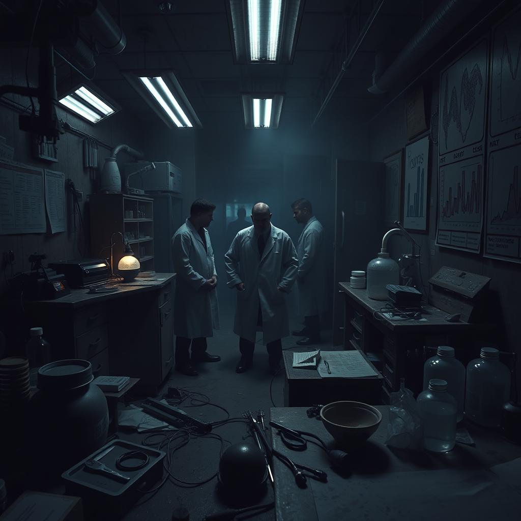 A dark and eerie laboratory setting, filled with ominous equipment and scientific apparatus that hint at nefarious activities