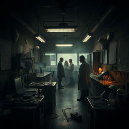 A dark and eerie laboratory setting, filled with ominous equipment and scientific apparatus that hint at nefarious activities