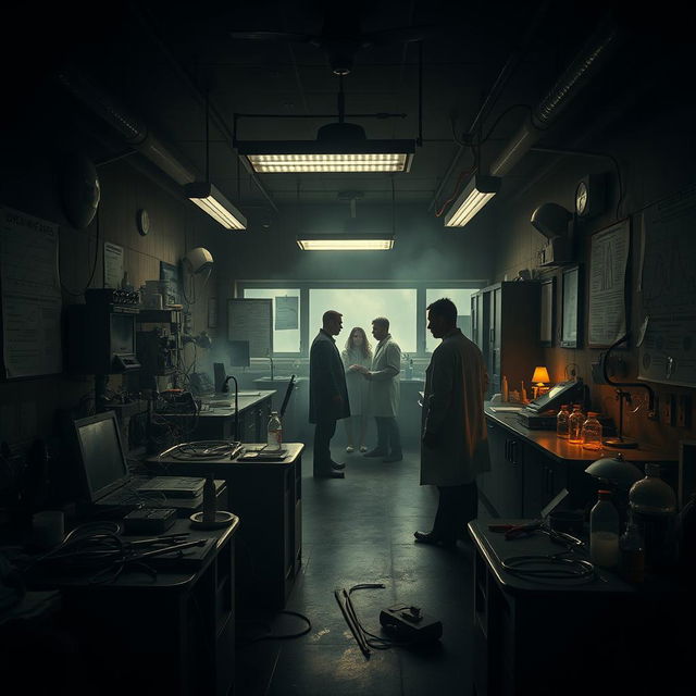 A dark and eerie laboratory setting, filled with ominous equipment and scientific apparatus that hint at nefarious activities