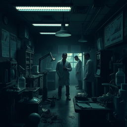 A dark and eerie laboratory setting, filled with ominous equipment and scientific apparatus that hint at nefarious activities