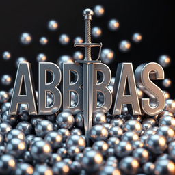A striking three-dimensional design featuring the word 'ABBAS' in shiny silver colors, dramatically pierced by a sword that goes through the letters