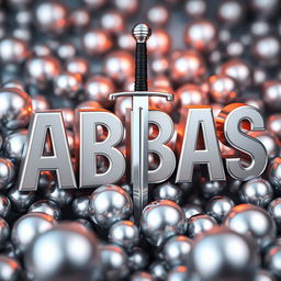 A striking three-dimensional design featuring the word 'ABBAS' in shiny silver colors, dramatically pierced by a sword that goes through the letters