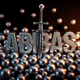 A striking three-dimensional design featuring the word 'ABBAS' in shiny silver colors, dramatically pierced by a sword that goes through the letters