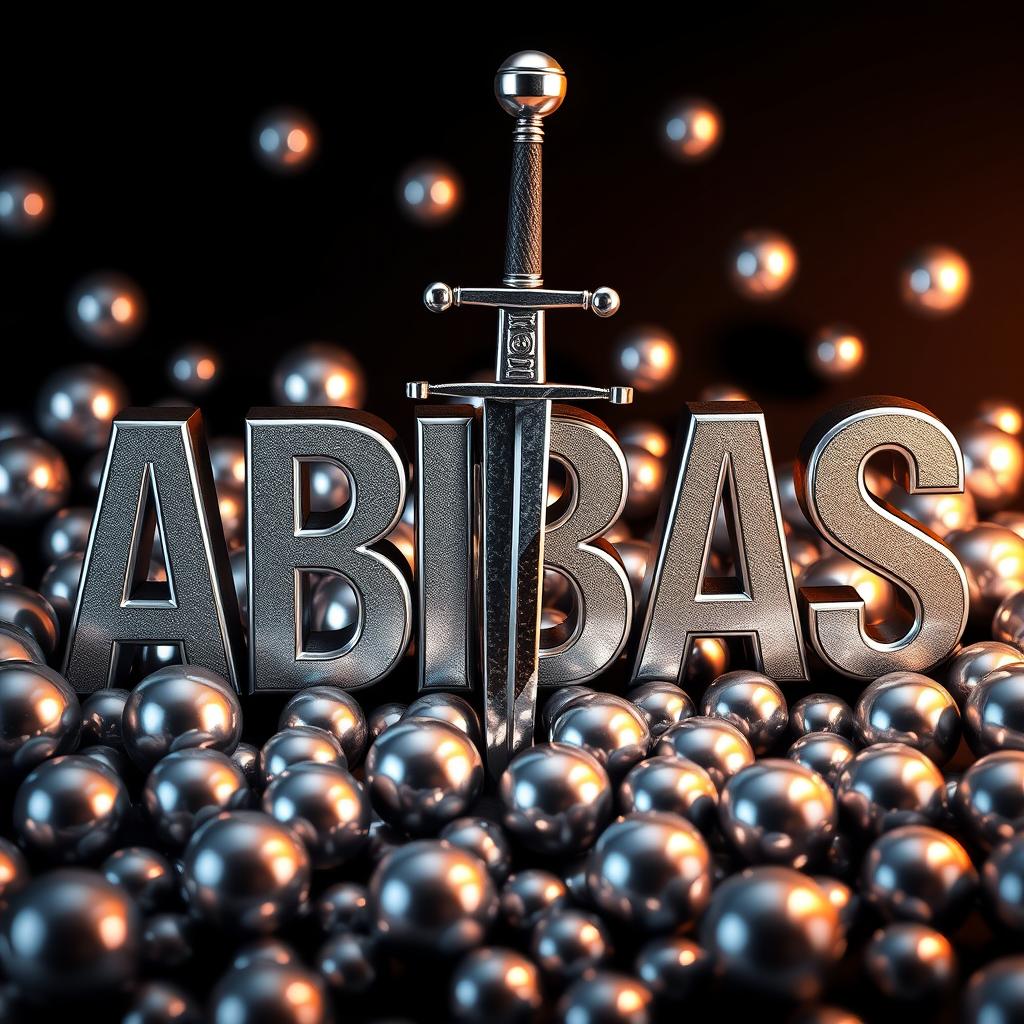 A striking three-dimensional design featuring the word 'ABBAS' in shiny silver colors, dramatically pierced by a sword that goes through the letters