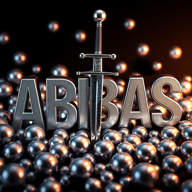 A striking three-dimensional design featuring the word 'ABBAS' in shiny silver colors, dramatically pierced by a sword that goes through the letters