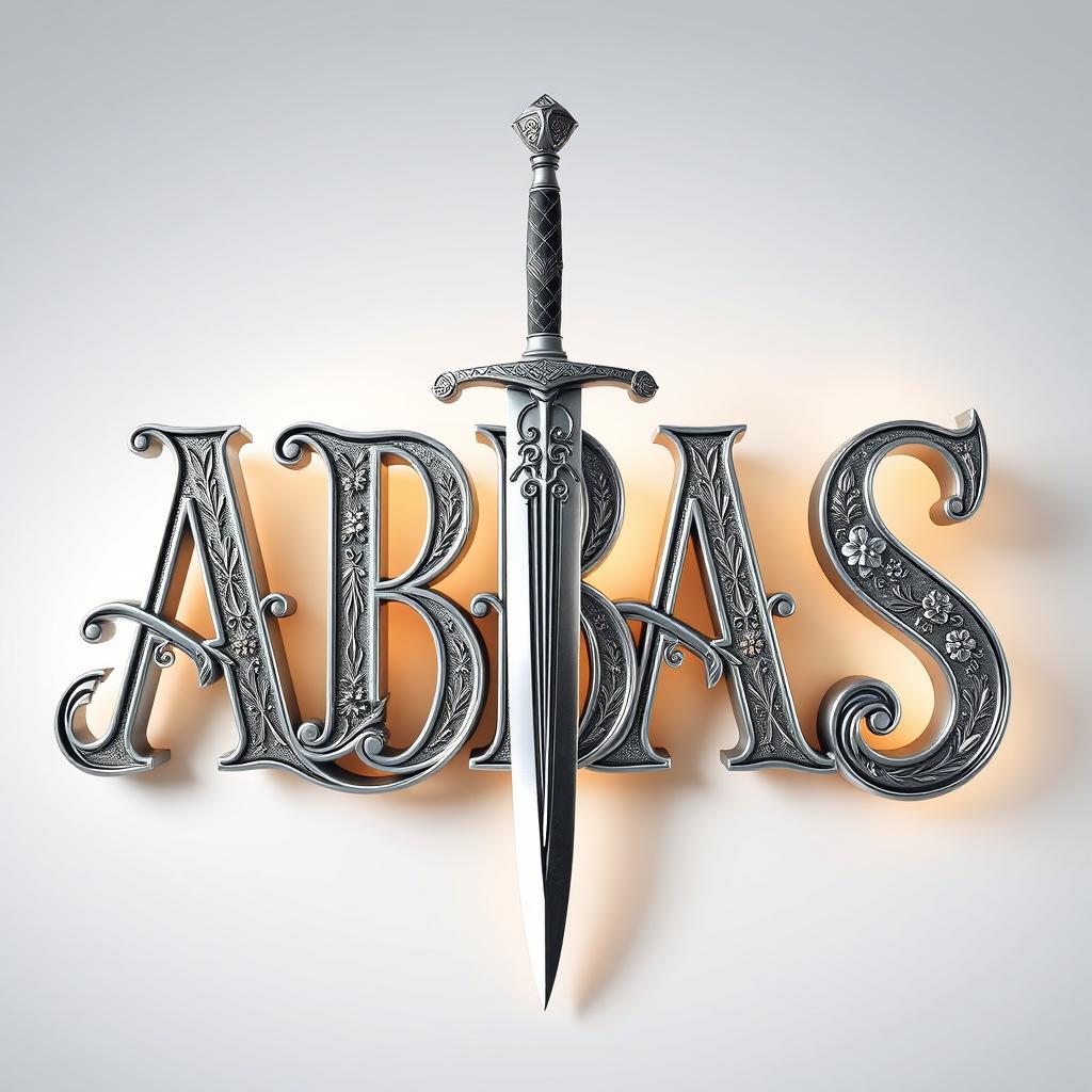 A stunning three-dimensional text design featuring the word 'ABBAS' in an ornate, elegant font with a shiny silver finish