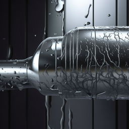 A photorealistic, high-definition image illustrating a detailed scene of a leaking pipe in a contemporary bathroom, water droplets clearly visible against the chrome pipe surface.