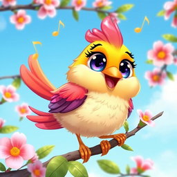 A cute cartoon bird with vibrant colors, large sparkling eyes, and a cheerful expression