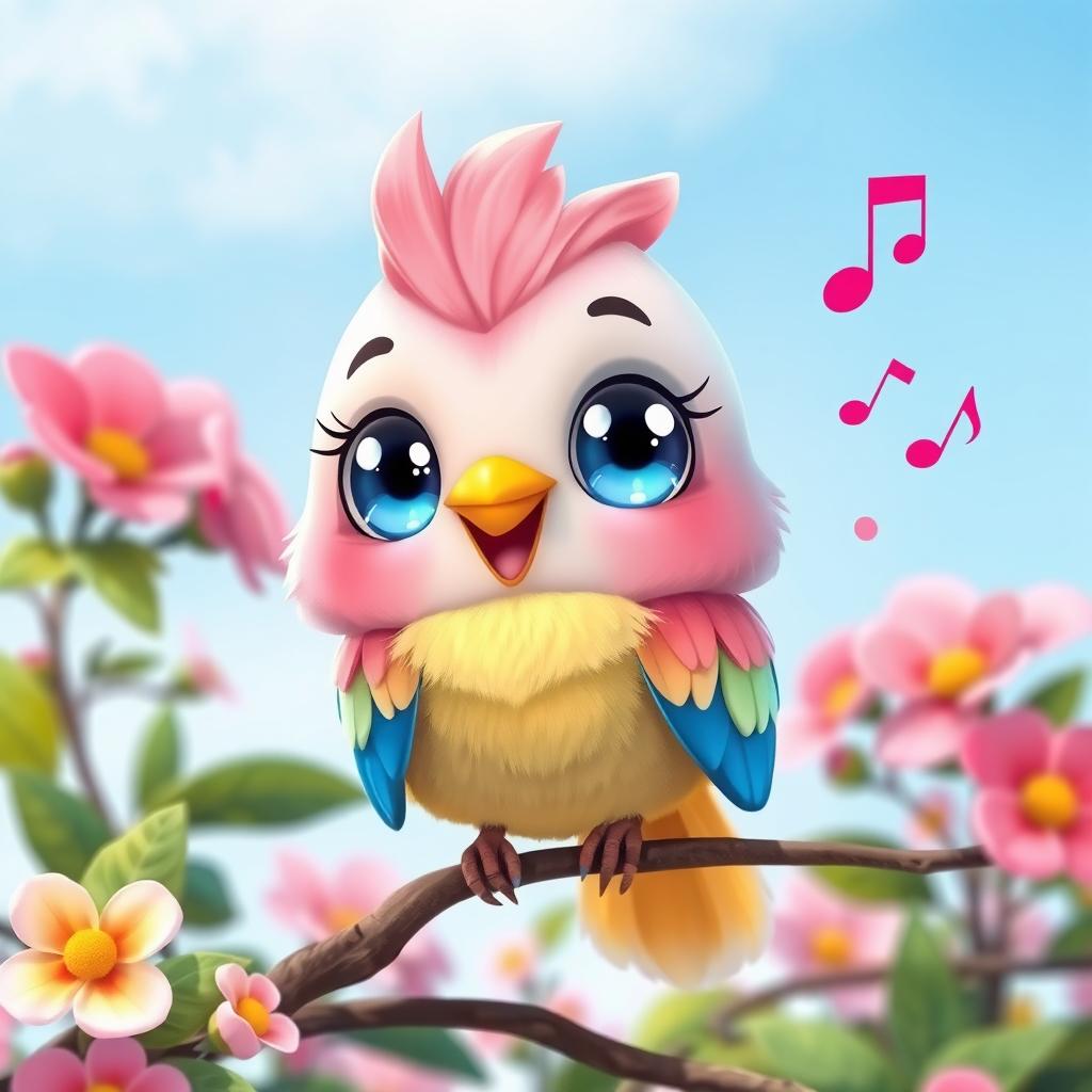 A cute cartoon bird with vibrant colors, large sparkling eyes, and a cheerful expression