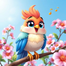 A cute cartoon bird with vibrant colors, large sparkling eyes, and a cheerful expression