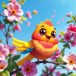 A cute cartoon bird with vibrant colors, large sparkling eyes, and a cheerful expression