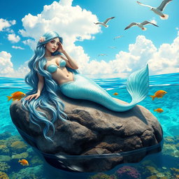 A beautiful mermaid lounging gracefully on a large rock in a vibrant ocean
