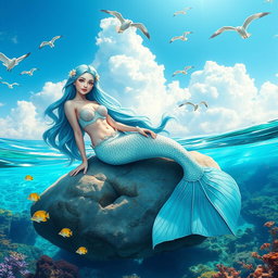 A beautiful mermaid lounging gracefully on a large rock in a vibrant ocean