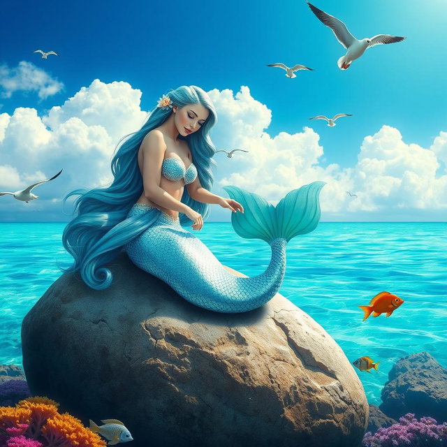 A beautiful mermaid lounging gracefully on a large rock in a vibrant ocean