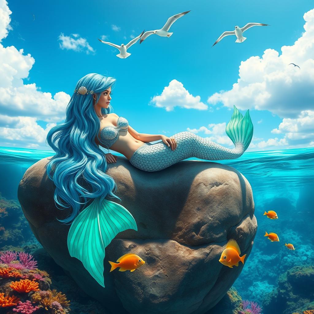 A beautiful mermaid lounging gracefully on a large rock in a vibrant ocean