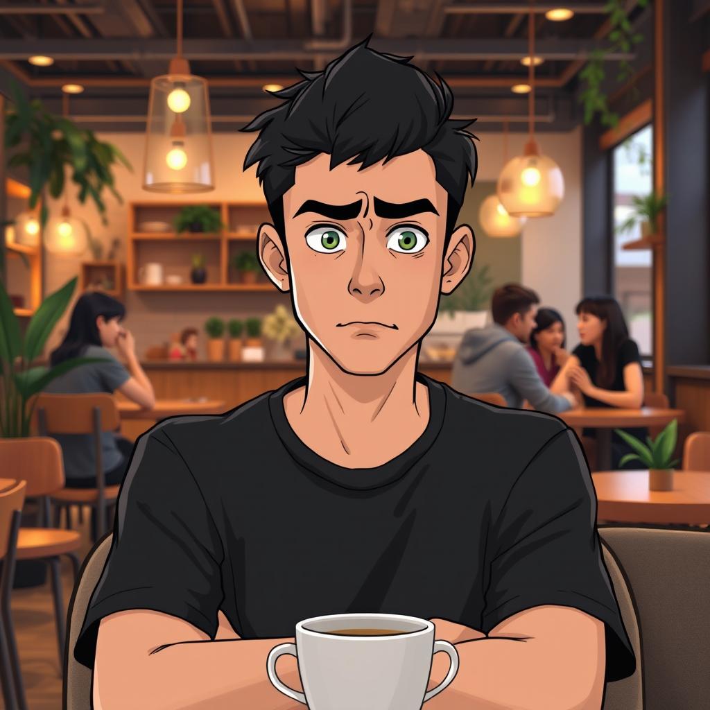 A scene depicting a young man named Damien with an annoyed expression on his face, sitting in a modern, stylish cafe