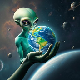 A surreal and captivating scene depicting an alien being holding the Earth in its hand, surrounded by a cosmic backdrop filled with stars, planets, and nebulae