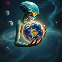 A surreal and captivating scene depicting an alien being holding the Earth in its hand, surrounded by a cosmic backdrop filled with stars, planets, and nebulae