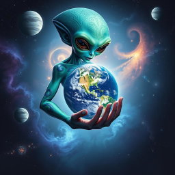 A surreal and captivating scene depicting an alien being holding the Earth in its hand, surrounded by a cosmic backdrop filled with stars, planets, and nebulae