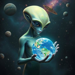 A surreal and captivating scene depicting an alien being holding the Earth in its hand, surrounded by a cosmic backdrop filled with stars, planets, and nebulae