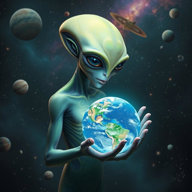 A surreal and captivating scene depicting an alien being holding the Earth in its hand, surrounded by a cosmic backdrop filled with stars, planets, and nebulae