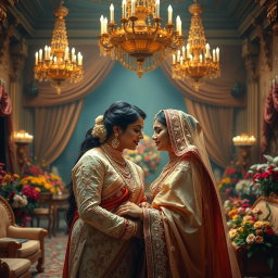 A romantic portrayal of an Indian royal couple in an opulent palace setting, showcasing their deep affection for each other