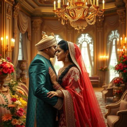 A romantic portrayal of an Indian royal couple in an opulent palace setting, showcasing their deep affection for each other