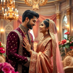 A romantic portrayal of an Indian royal couple in an opulent palace setting, showcasing their deep affection for each other
