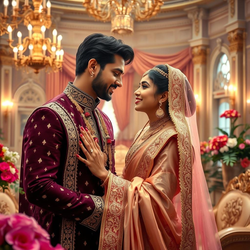 A romantic portrayal of an Indian royal couple in an opulent palace setting, showcasing their deep affection for each other