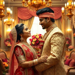 A romantic portrayal of an Indian royal couple in an opulent palace setting, showcasing their deep affection for each other