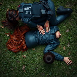 A highly detailed digital artwork in realism style depicting a red-haired woman suspect laying flat on her stomach on the grass
